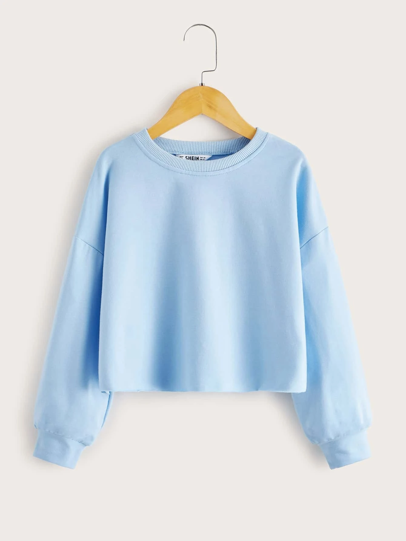 SHEIN 女孩落肩素色套頭衫 - 淺藍色 - 查看 1