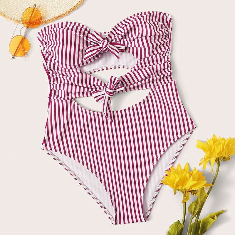 

Striped Pattern Double Knot One Piece Swimsuit, Pink