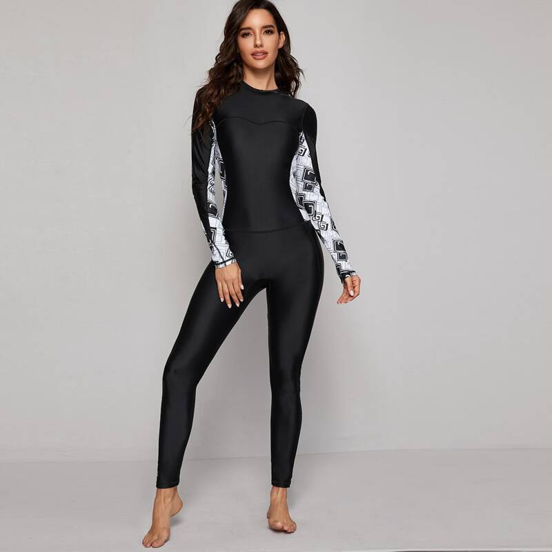 

Geo Long Sleeve One Piece Swimsuit, Black