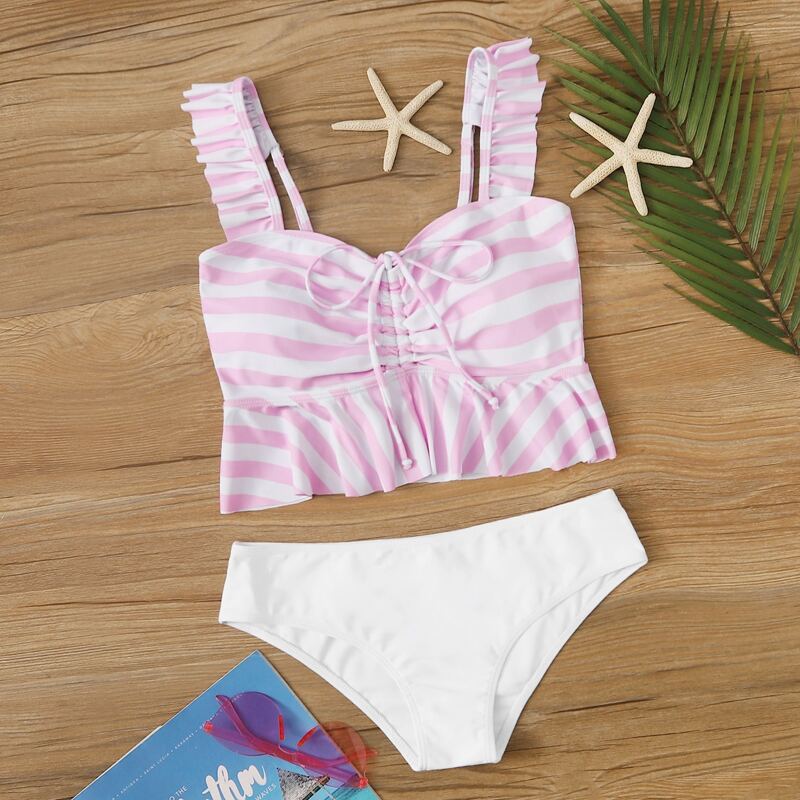 

Striped Ruffle Hem Top With Low Rise Bikini Set, Multicolor