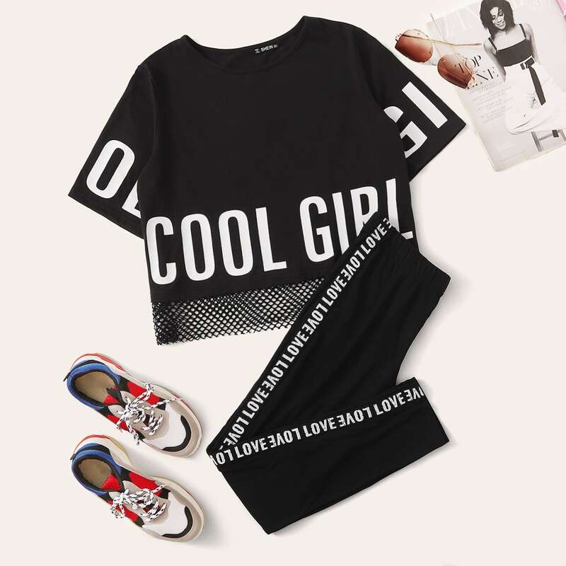 

Slogan Graphic Mesh Hem Top & Leggings Set, Black