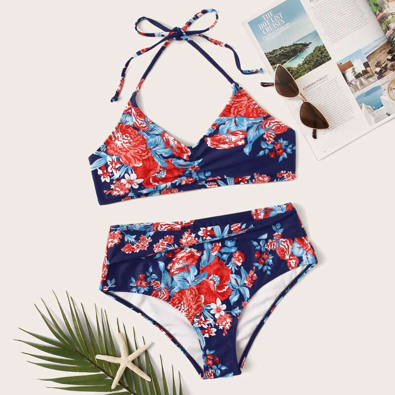 

Floral Halter Top With High Waist Bikini Set, Multicolor