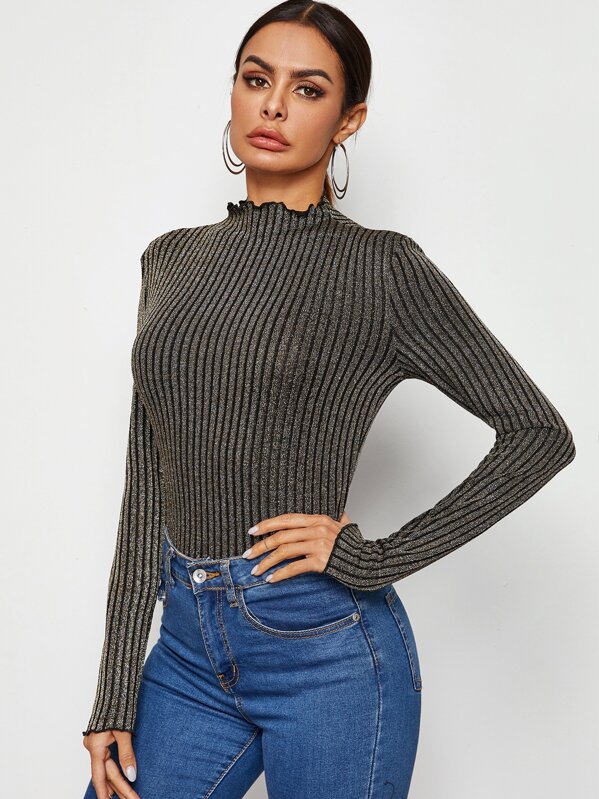

Mock-Neck Lettuce Trim Glitter Top, Gold, Andy
