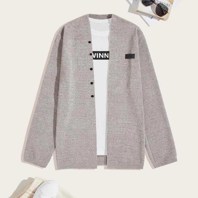 

Guys Letter Patched Open Front Cardigan, Grey