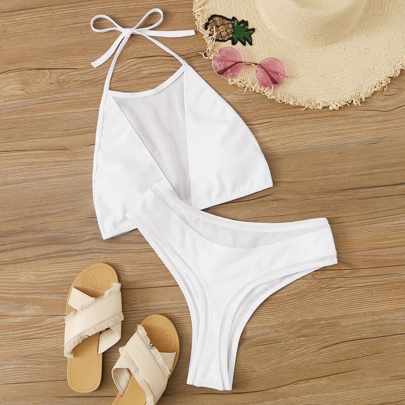 

Contrast Mesh Halter Top With High Cut Bikini Set, White