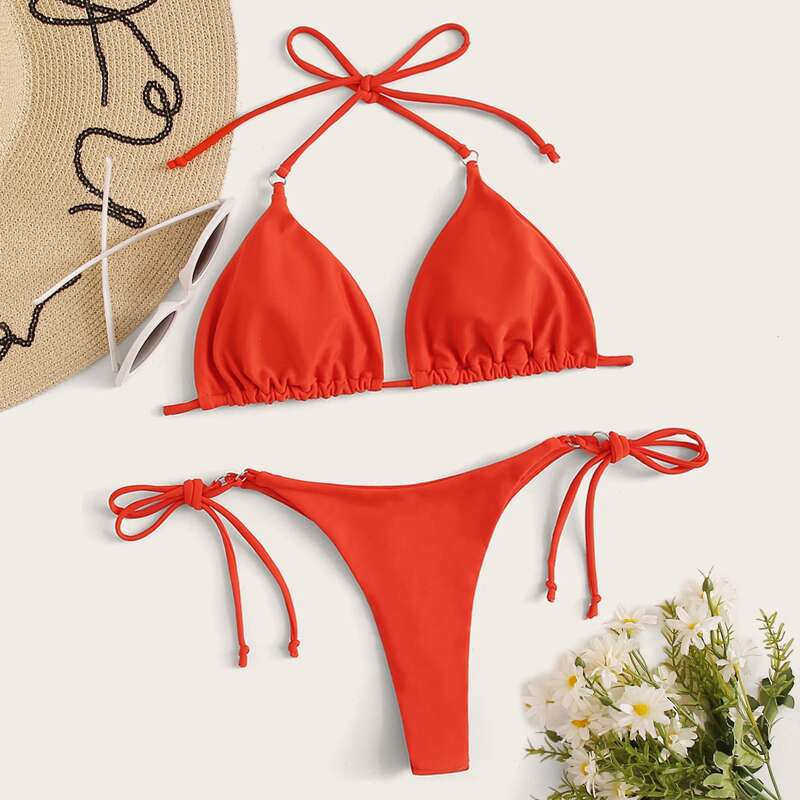 

Halter Top With Tie Side Bikini Set, Orange