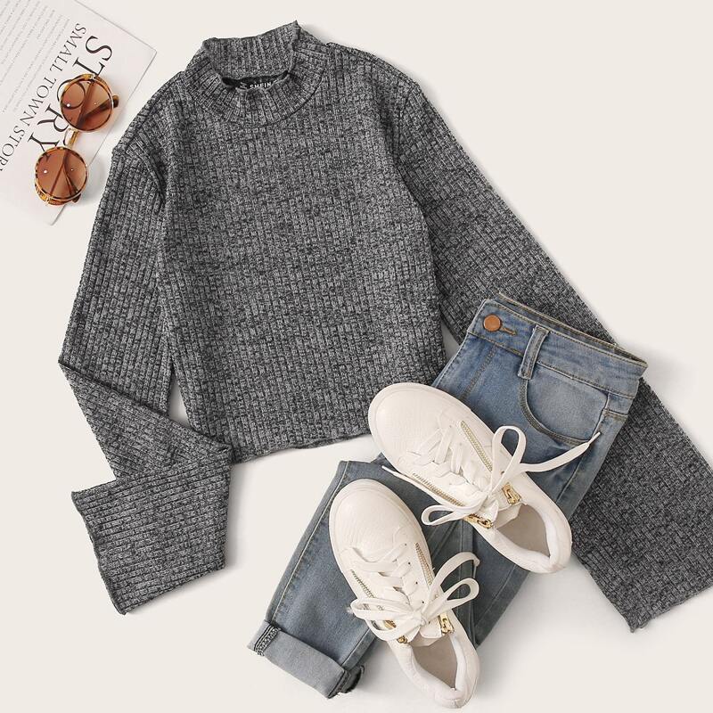 

Mock-Neck Lettuce Trim Rib-knit Top, Grey