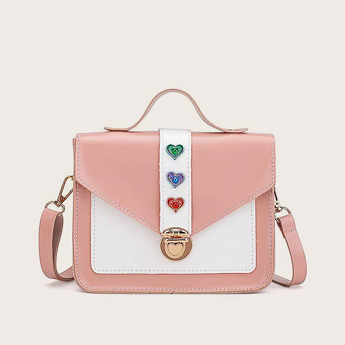 

Heart Decor Push Lock Satchel Bag, Multicolor