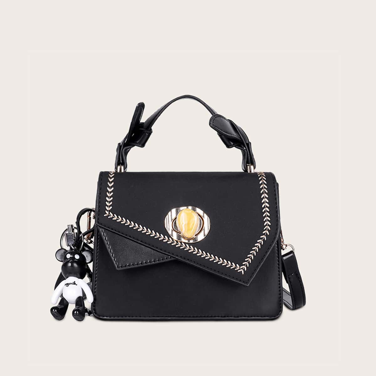 

Twist Lock Stitch Trim Satchel Bag, Black