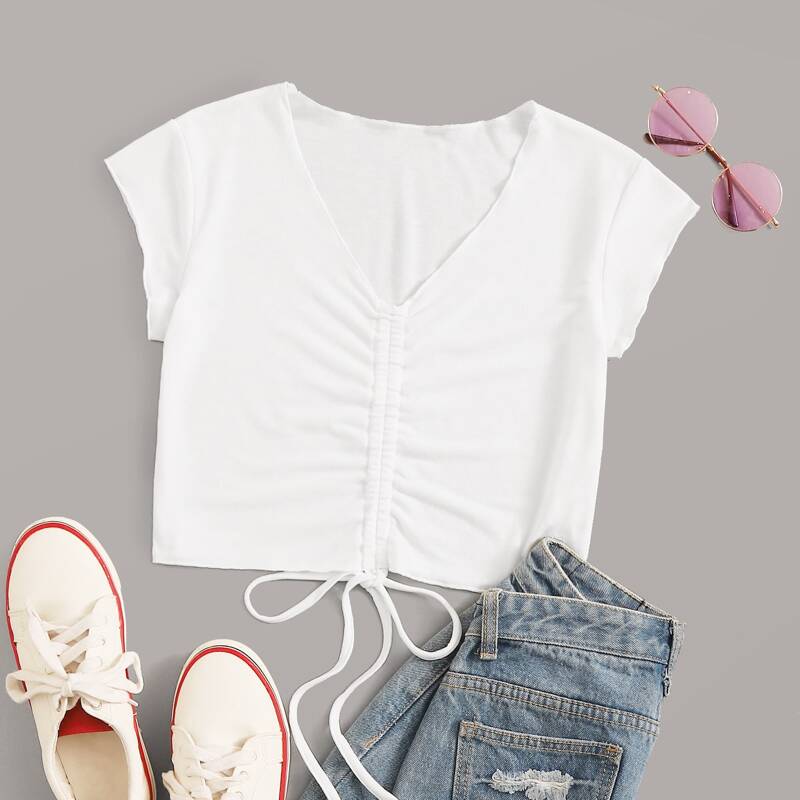

V-neck Drawstring Front Solid Tee, White