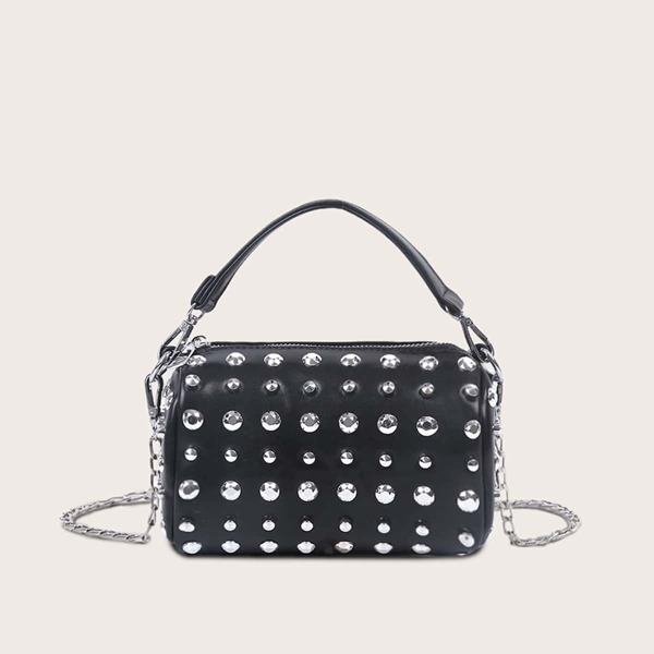 

Studded Decor Satchel Bag, Black and white