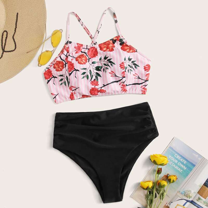 

Floral Print Lace-up Top With High Waisted Bikini, Multicolor