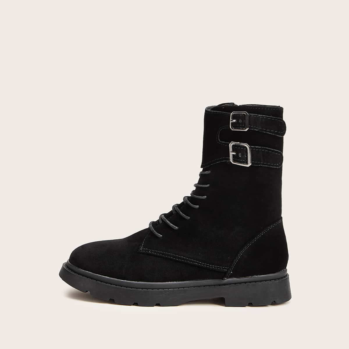 

Buckle Decor Lace-up Front Boots, Black