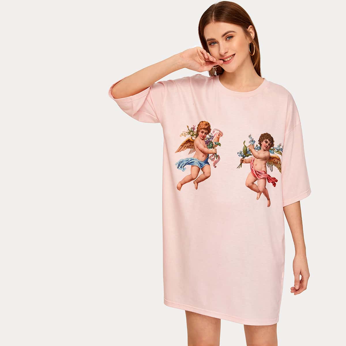 

Angel Print Oversized Dress, Pink pastel