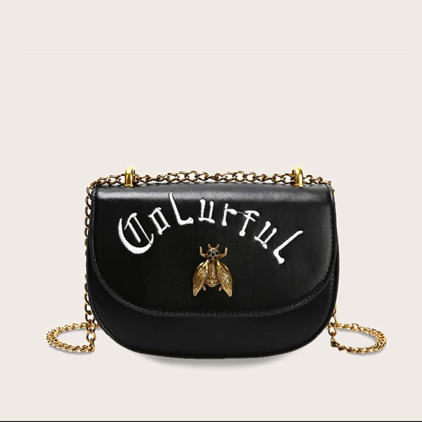 

Bee Decor Letter Embroidered Chain Bag, Black