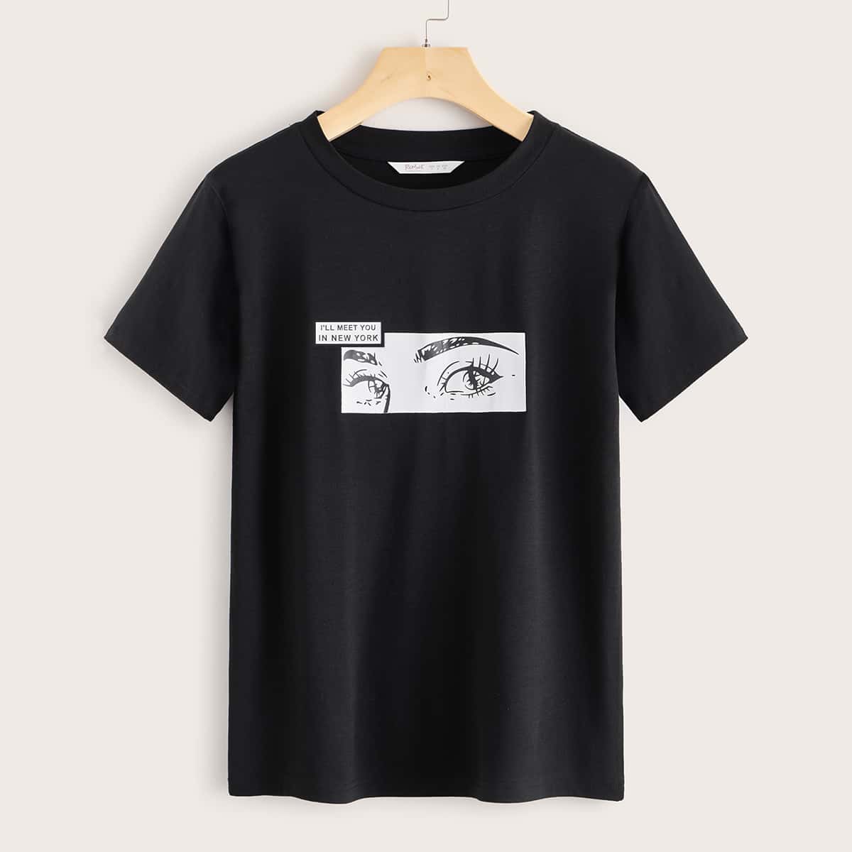 

Slogan & Figure Graphic Short Sleeve Tee, Black