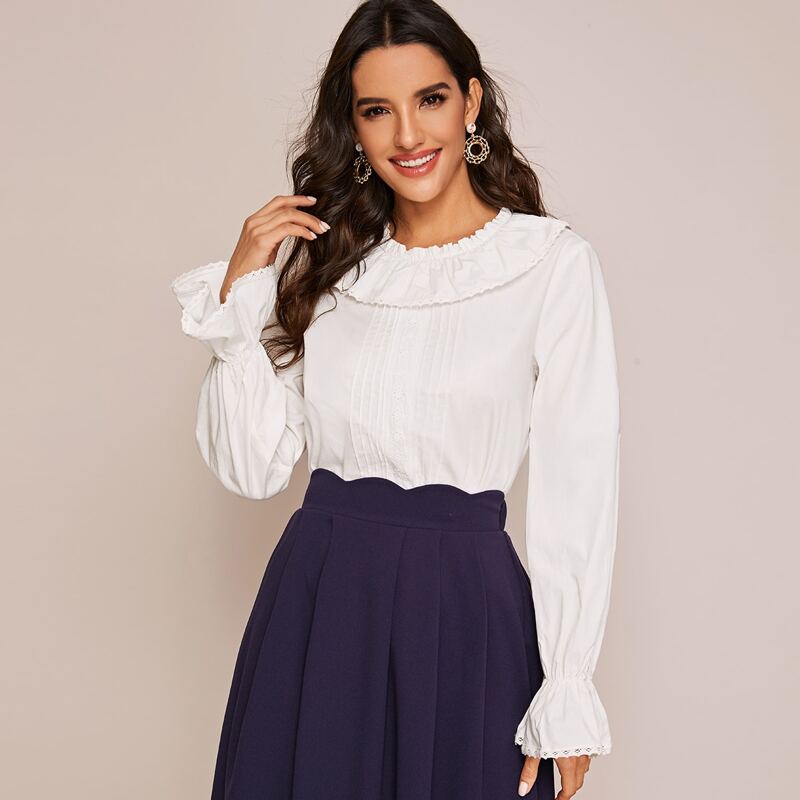 

Flounce Sleeve Lace Trim Frilled Neckline Top, White