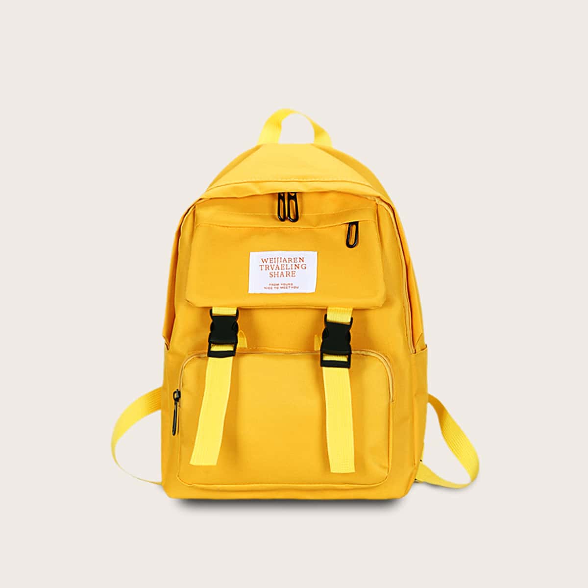 

Double Release Buckle Letter Patch Decor Backpack, Yellow