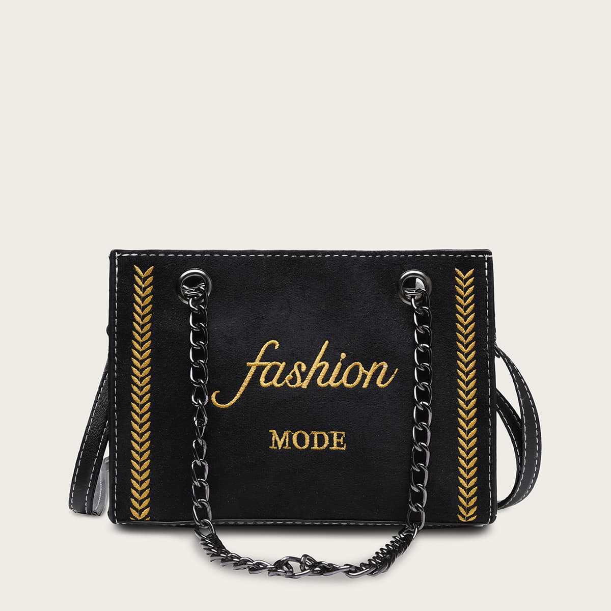 

Letter Embroidered Chain Tote Bag, Black