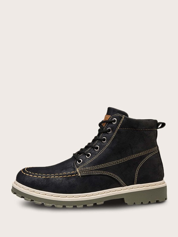 

Men Stitch Detail Lace-up Front Combat Boots, Black