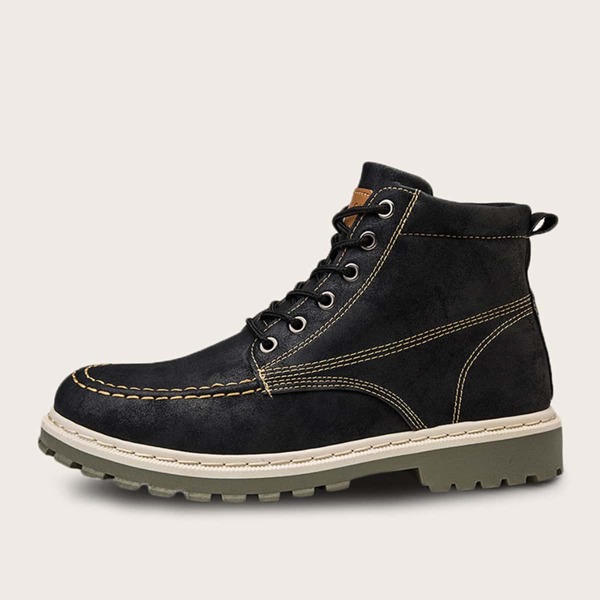 

Men Stitch Detail Lace-up Front Combat Boots, Black