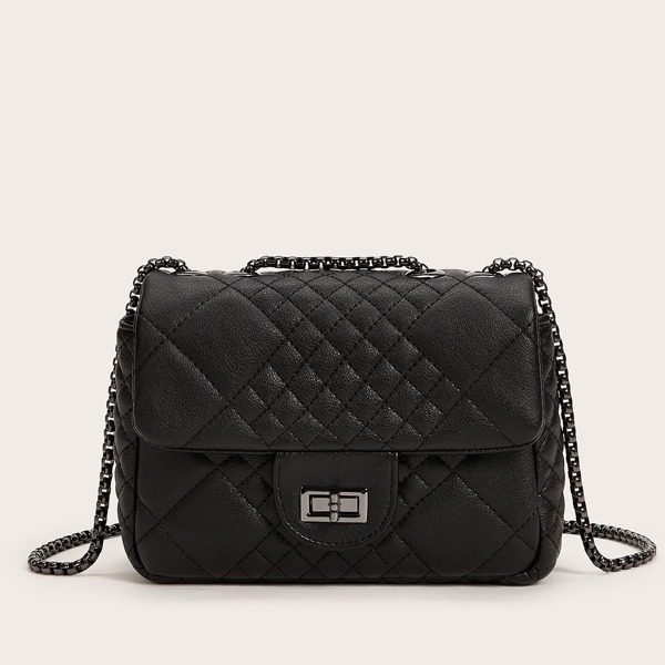 

Twist Lock Quilted Chain Bag, Black