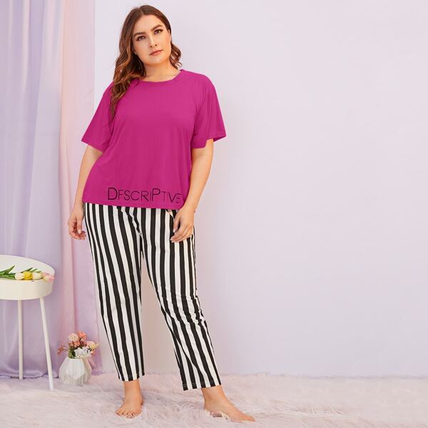 

Plus Letter & Striped Print PJ Set, Multicolor