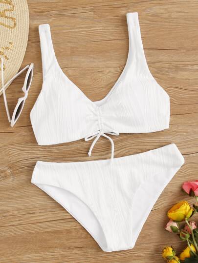 Textured Drawstring Front Bikini Set