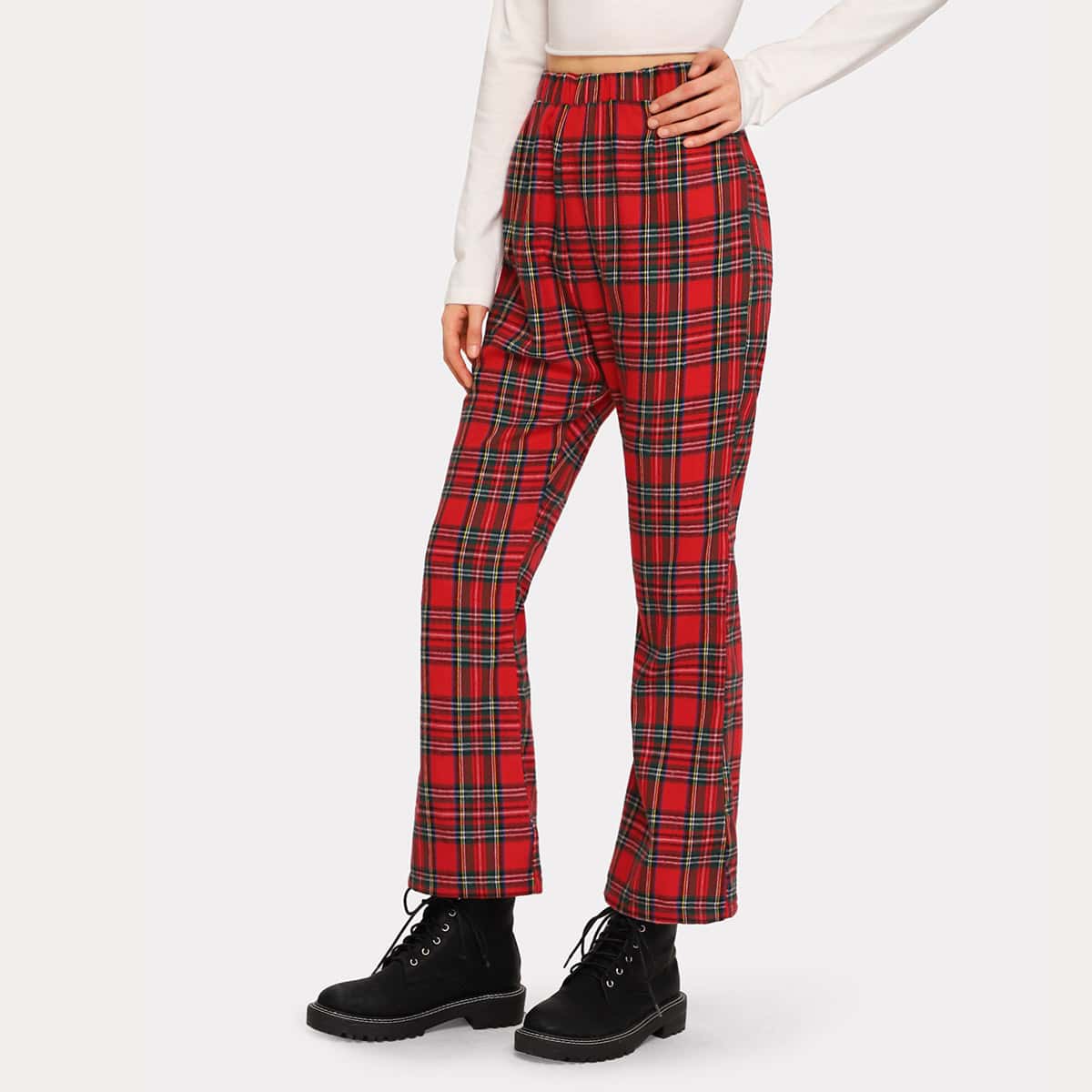 

Tartan Elastic Waist Flare Leg Pants, Red