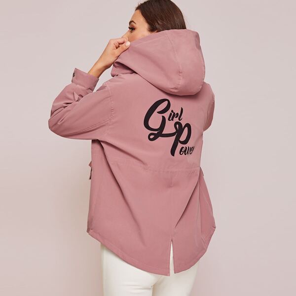 

Letter Graphic High Low Split Back Hooded Coat, Pink
