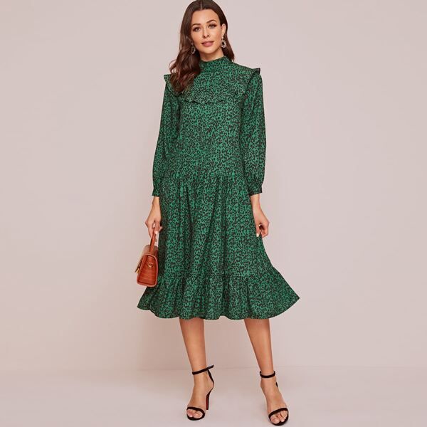 

All Over Print Ruffle Trim Smock Dress, Green