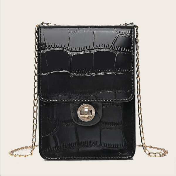 

Twist Lock Croc Embossed Chain Bag, Black