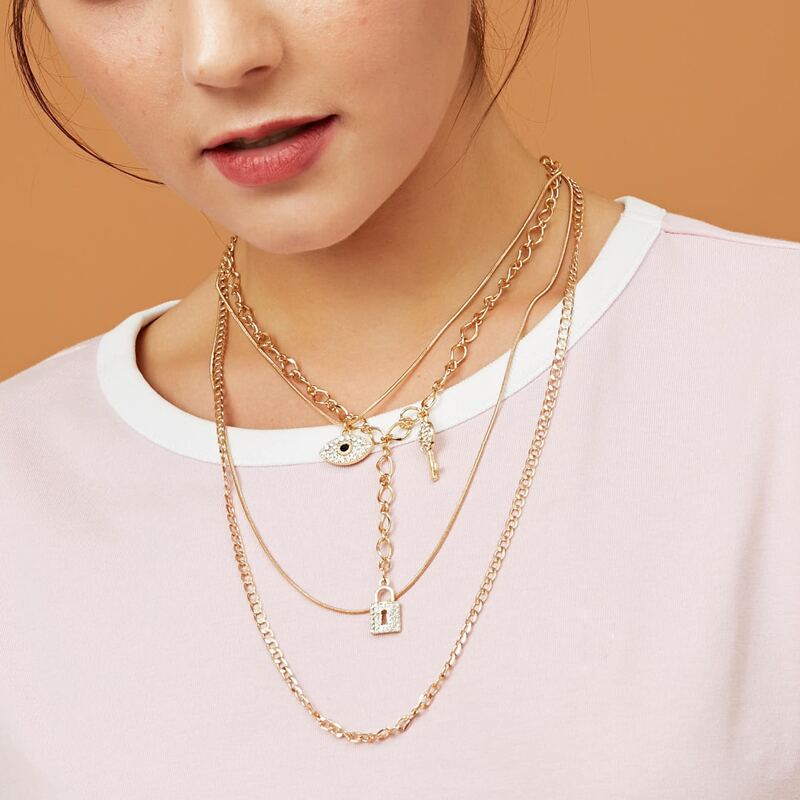 

1pc Rhinestone Lock & Key Charm Multi Layered Necklace, Gold