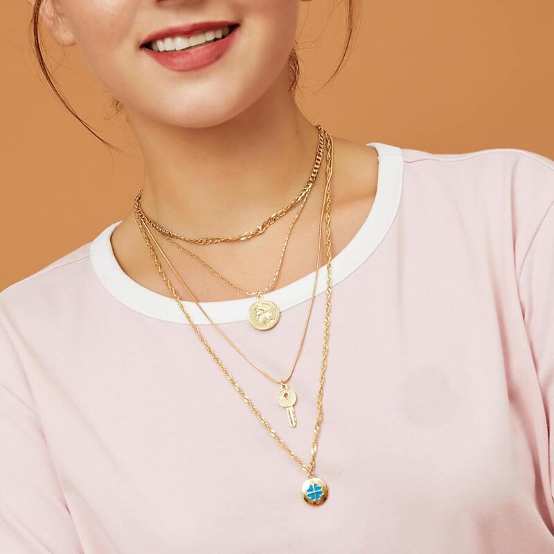 

1pc Key & Figure Coin Pendant Multi Layered Necklace, Gold