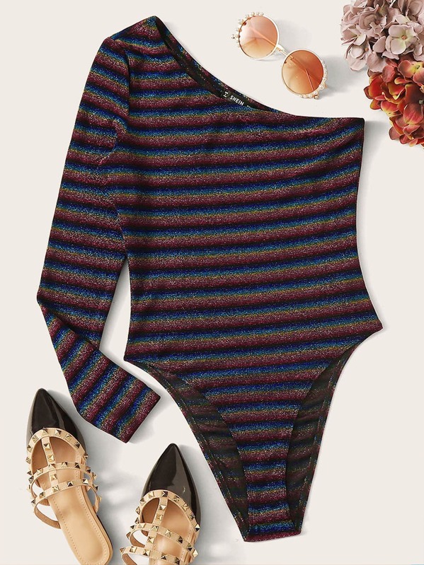 

One Shoulder Rainbow Striped Glitter Bodysuit, Multicolor, Andy