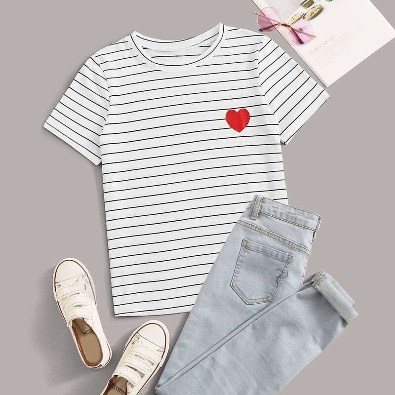 

Striped Heart Print Tee, White