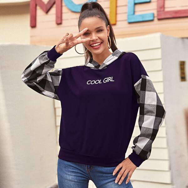 

Slogan Graphic Gingham Panel Hoodie, Purple