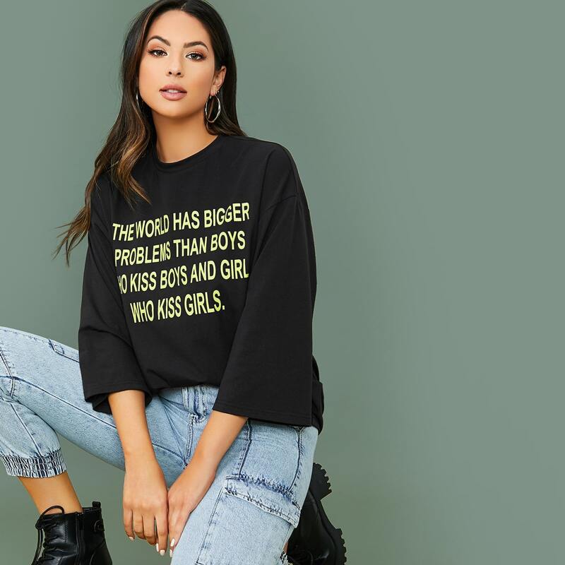 

Drop Shoulder Slogan Graphic Top, Black