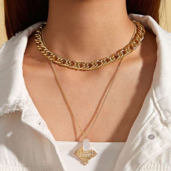 

2pcs Faux Pearl & Geometric Charm Necklace, Gold