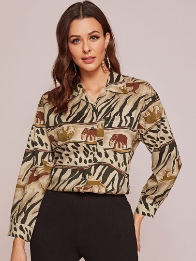Animal And Graphic Print Button Up Blouse