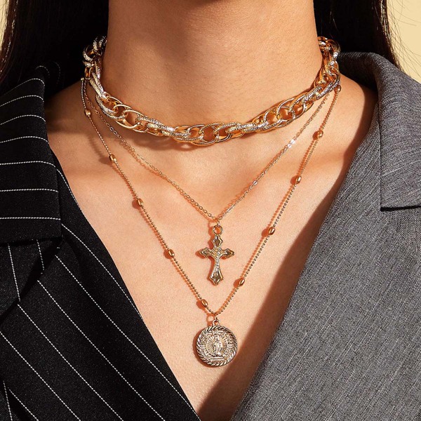

2pcs Chain & Cross Necklaces, Gold