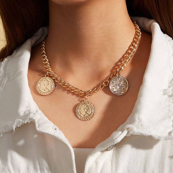 

1pc Coin Charm Chain Necklace, Gold