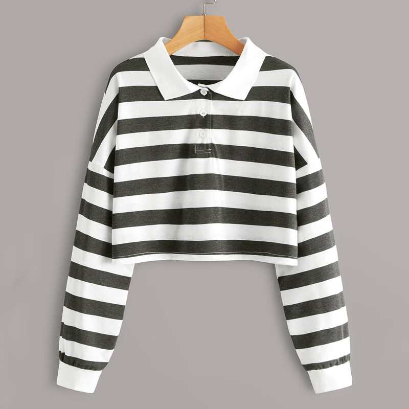 

Striped Drop Shoulder Crop Polo Tee, Multicolor