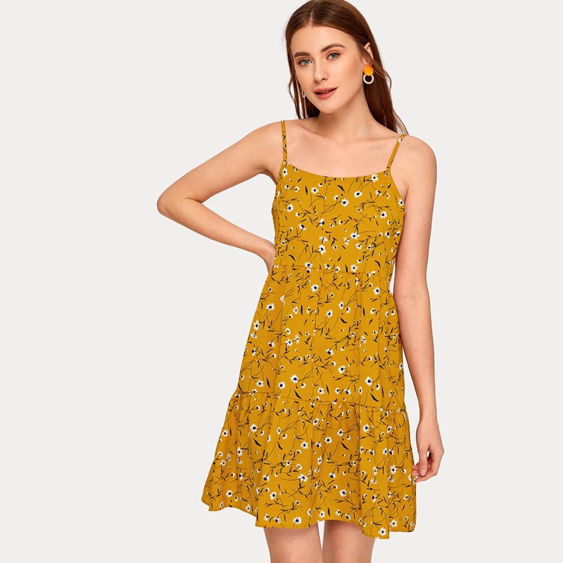 

Plants Print Ruffle Hem Slip Dress, Yellow