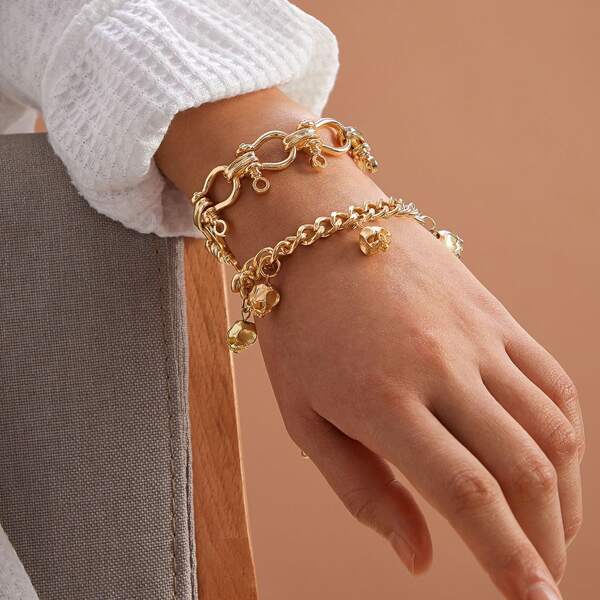 

2pcs Skull Charm Chain Bracelet, Gold