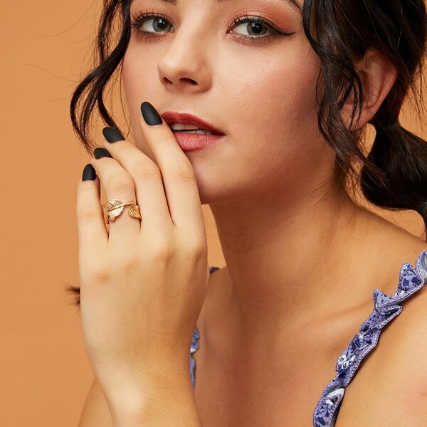 

1pc Leaf Design Cuff Ring, Gold