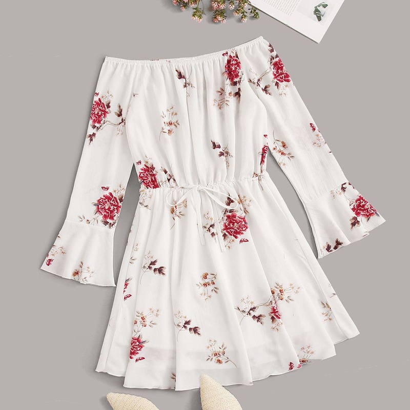 

Floral Drawstring Bardot Dress, White