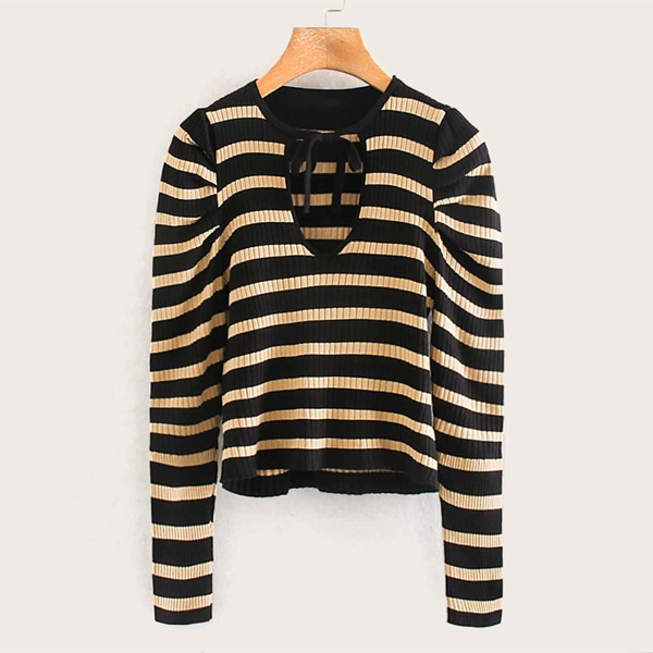 

Tie Front Striped Peekaboo Sweater, Multicolor