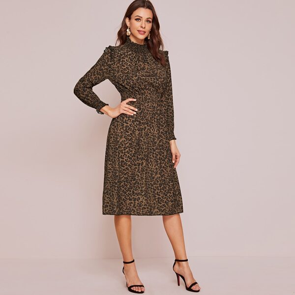 

Leopard Print Frill Trim A-line Dress, Multicolor