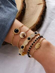 5pcs Bead Decor Bracelet Set - Yellow Gold - View 1
